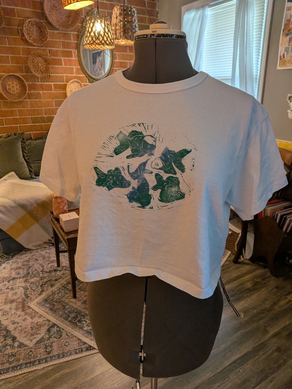 White Cropped T-Shirt with Green Fish Screen Print - Brand